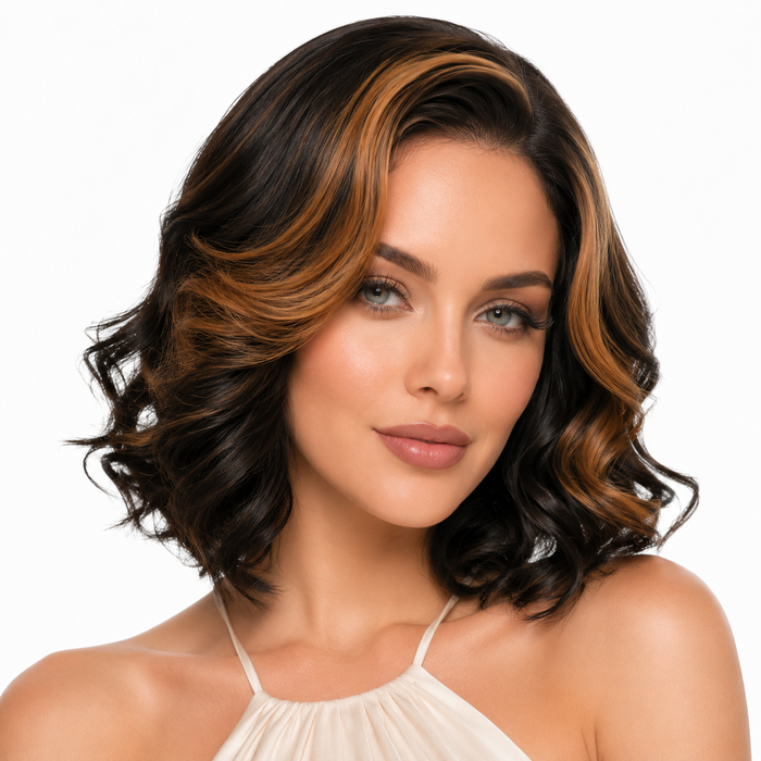 Short curly wig in black brown tones with soft volume, mid part balance, and ready-to-wear style for polished looks and ease.