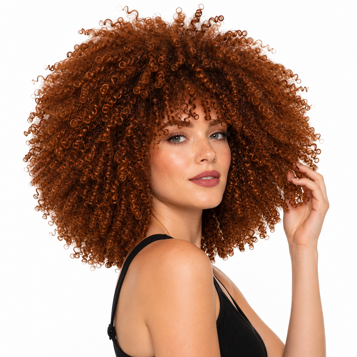 Full-length view of the 14 inch short curly wig showing controlled curls, compact shape, and its lightweight 0.24 kg profile.