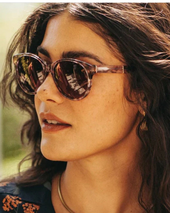 Shwood Madison Cherry Blossom Rose Fade Polarized on a model with brown hair .