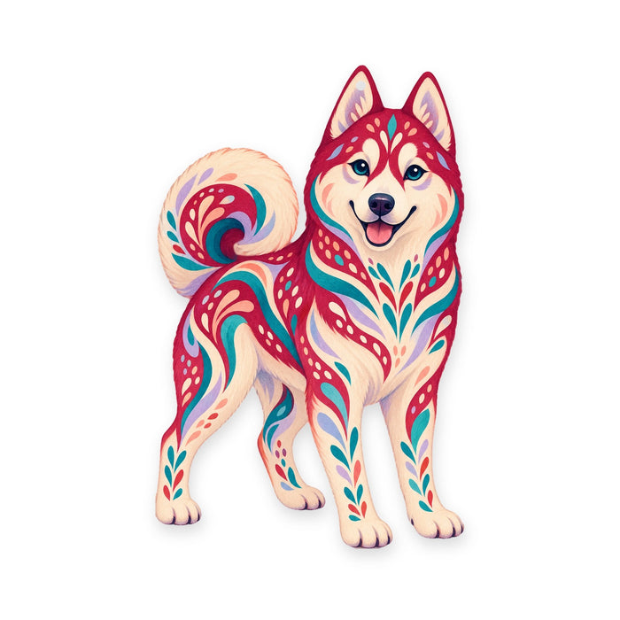 Siberian Husky folk art ornament O448 on white, laser-cut maple wood, made in USA