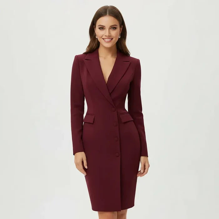 single breasted navy blazer dress long sleeve structured tailored fit workwear front view