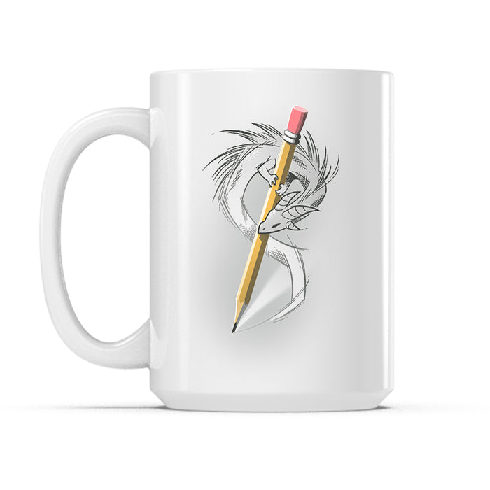 Ceramic Mug_TeeTurtle Sketchbook Dragon white mug featuring a dragon drawing itself with a pencil.