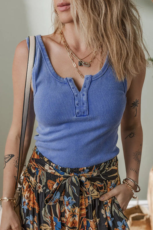 Sky Blue Mineral Wash Ribbed Notch Neck Tank Top - S / 95% Cotton + 5% Elastane - Tops/Tank Tops