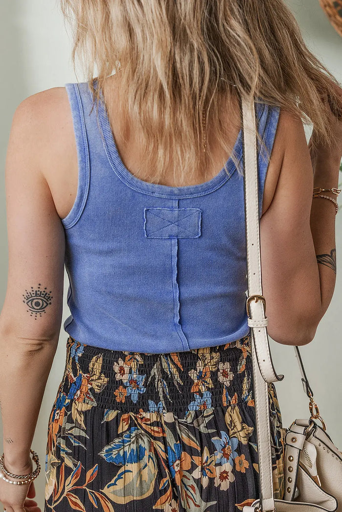 Sky Blue Mineral Wash Ribbed Notch Neck Tank Top - Tops/Tank Tops