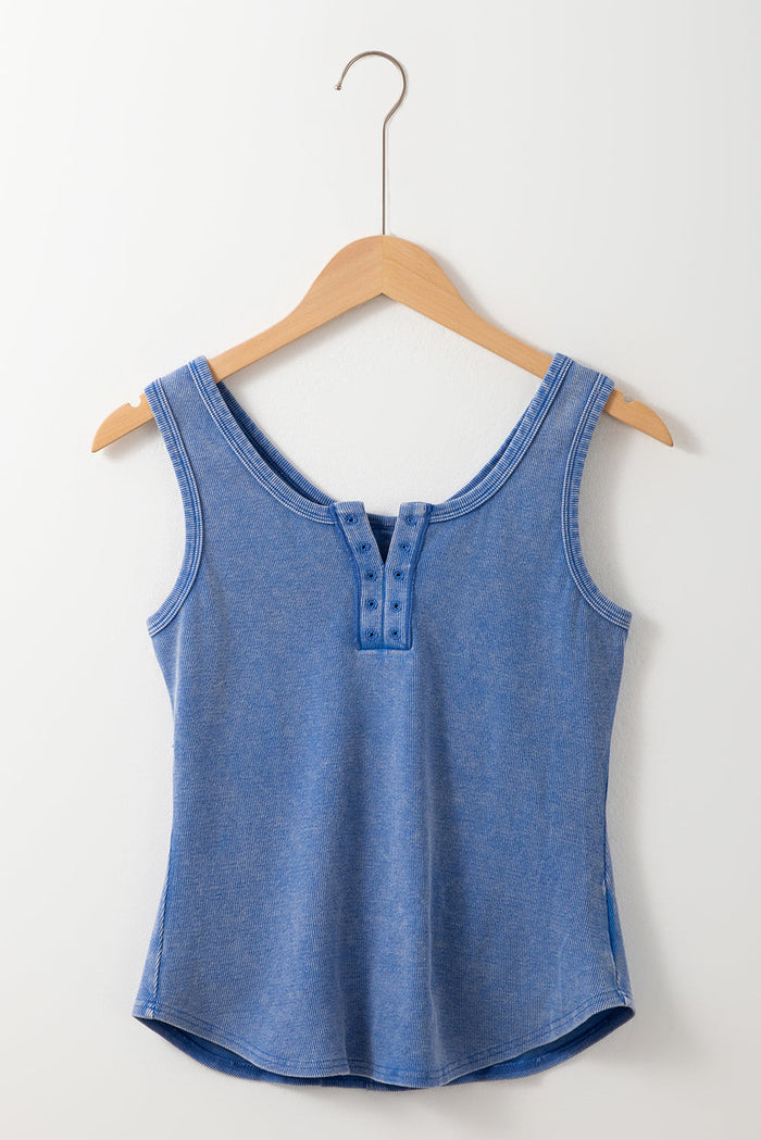 Sky Blue Mineral Wash Ribbed Notch Neck Tank Top - Tops/Tank Tops