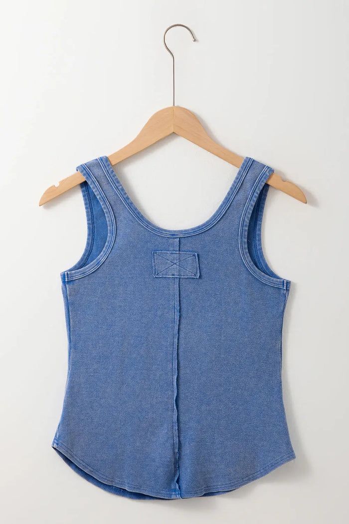 Sky Blue Mineral Wash Ribbed Notch Neck Tank Top - Tops/Tank Tops