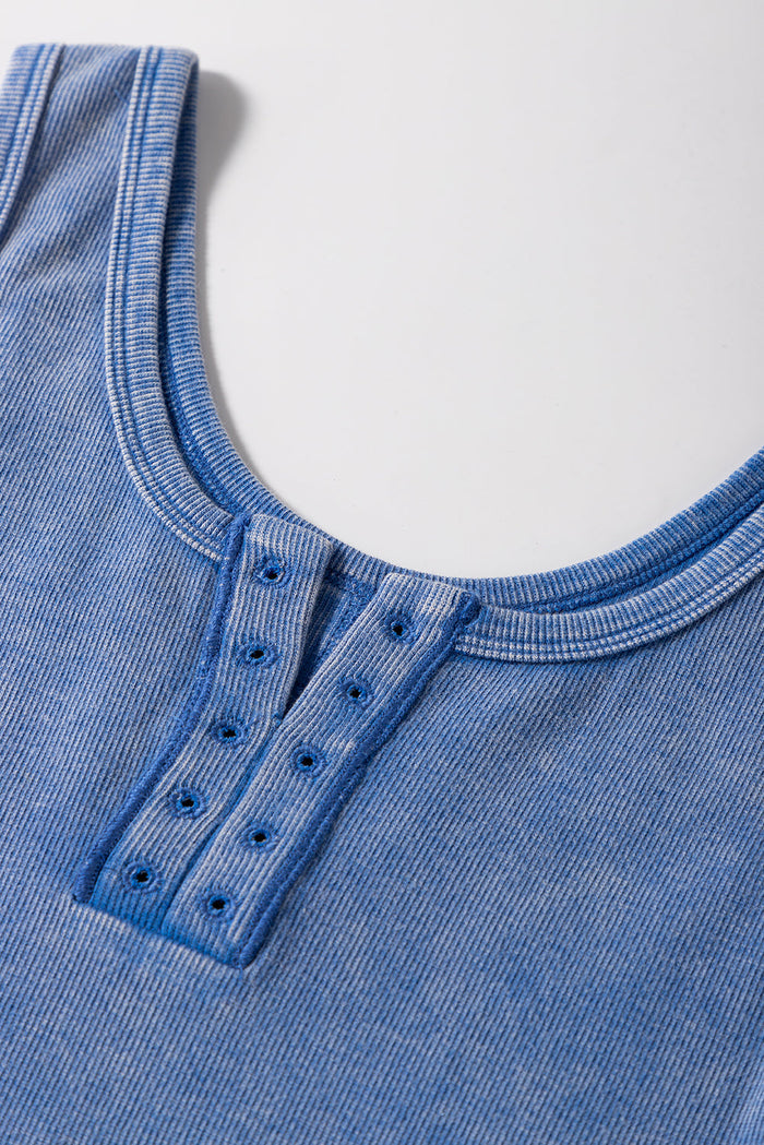 Sky Blue Mineral Wash Ribbed Notch Neck Tank Top - Tops/Tank Tops