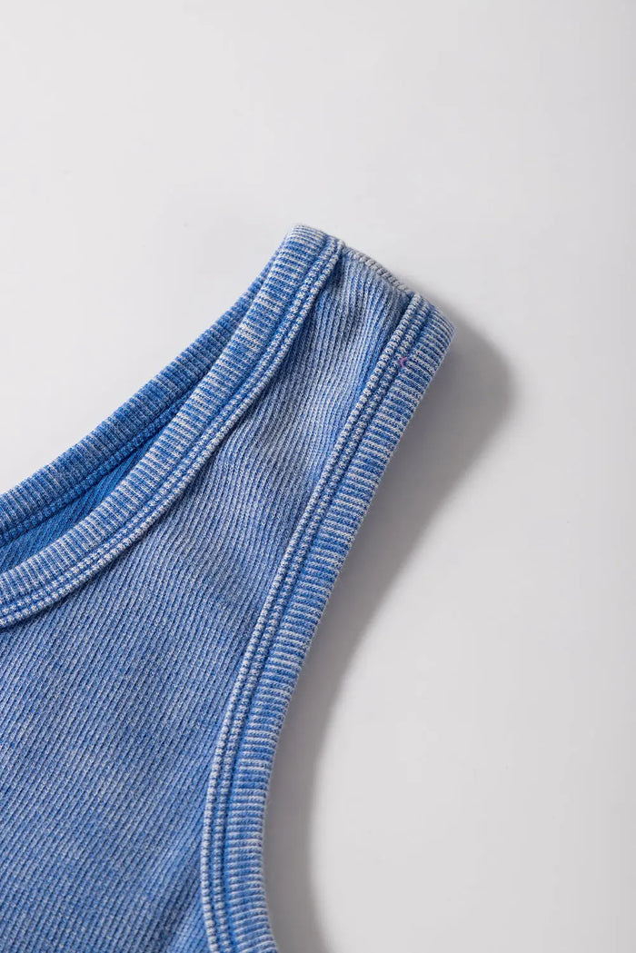 Sky Blue Mineral Wash Ribbed Notch Neck Tank Top - Tops/Tank Tops