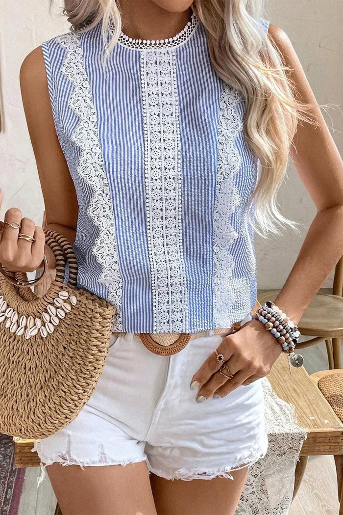 Sky Blue Stripe Lace Patchwork Crew Neck Tank Top - S / 100% Polyester - Tops/Sleeveless Tops