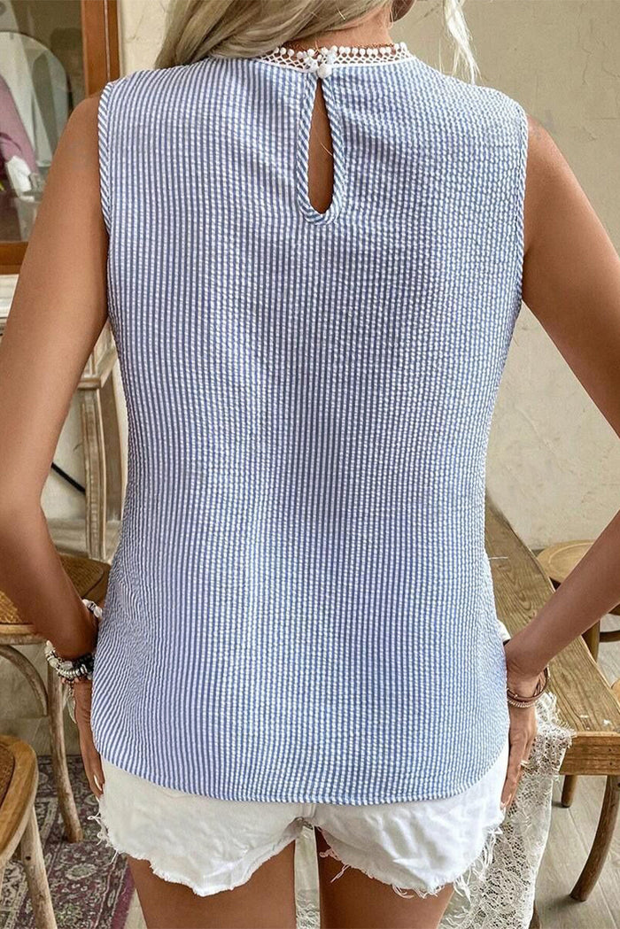 Sky Blue Stripe Lace Patchwork Crew Neck Tank Top - Tops/Sleeveless Tops