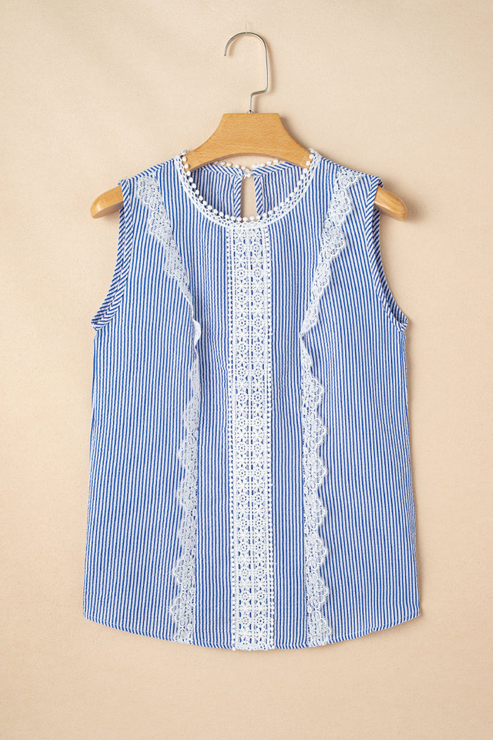 Sky Blue Stripe Lace Patchwork Crew Neck Tank Top - Tops/Sleeveless Tops