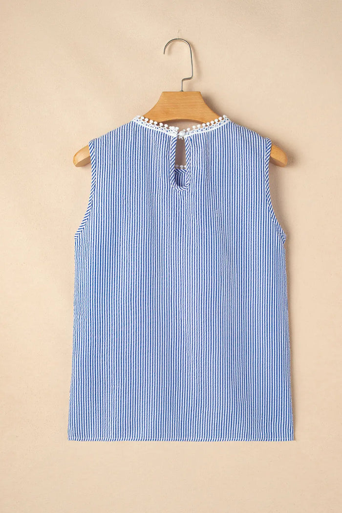 Sky Blue Stripe Lace Patchwork Crew Neck Tank Top - Tops/Sleeveless Tops