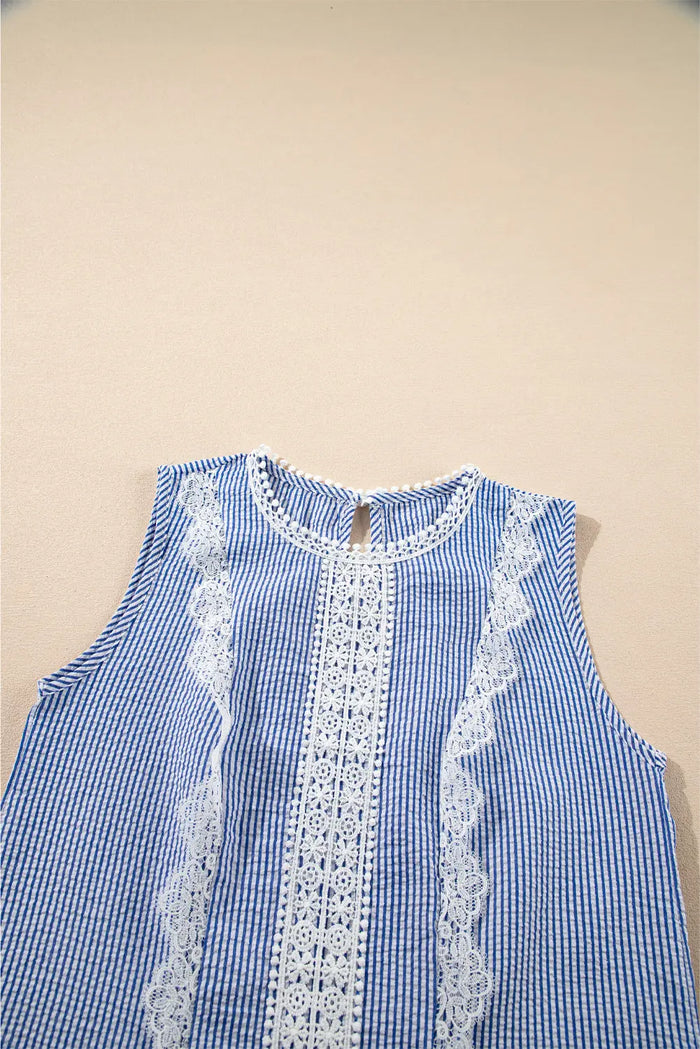 Sky Blue Stripe Lace Patchwork Crew Neck Tank Top - Tops/Sleeveless Tops