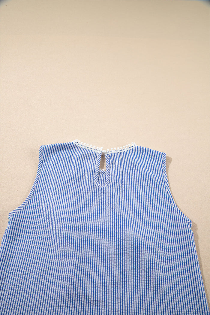 Sky Blue Stripe Lace Patchwork Crew Neck Tank Top - Tops/Sleeveless Tops