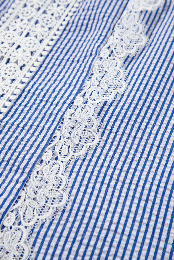 Sky Blue Stripe Lace Patchwork Crew Neck Tank Top - Tops/Sleeveless Tops