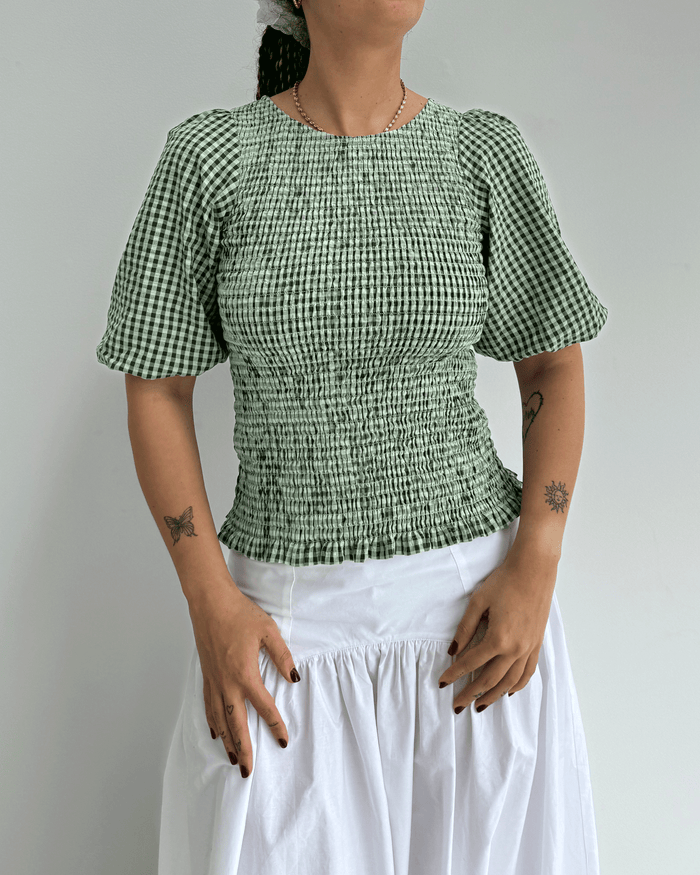 SKY PUFF SLEEVE TOP FOREST GINGHAM
