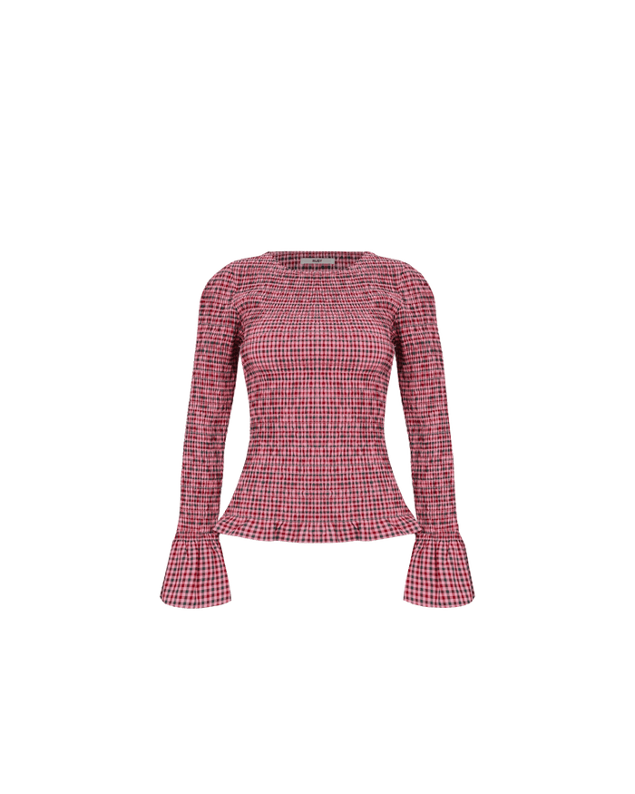 SKY SHIRRED LONG SLEEVE PINK PETROL GINGHAM