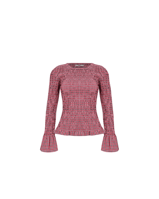 SKY SHIRRED LONG SLEEVE PINK PETROL GINGHAM
