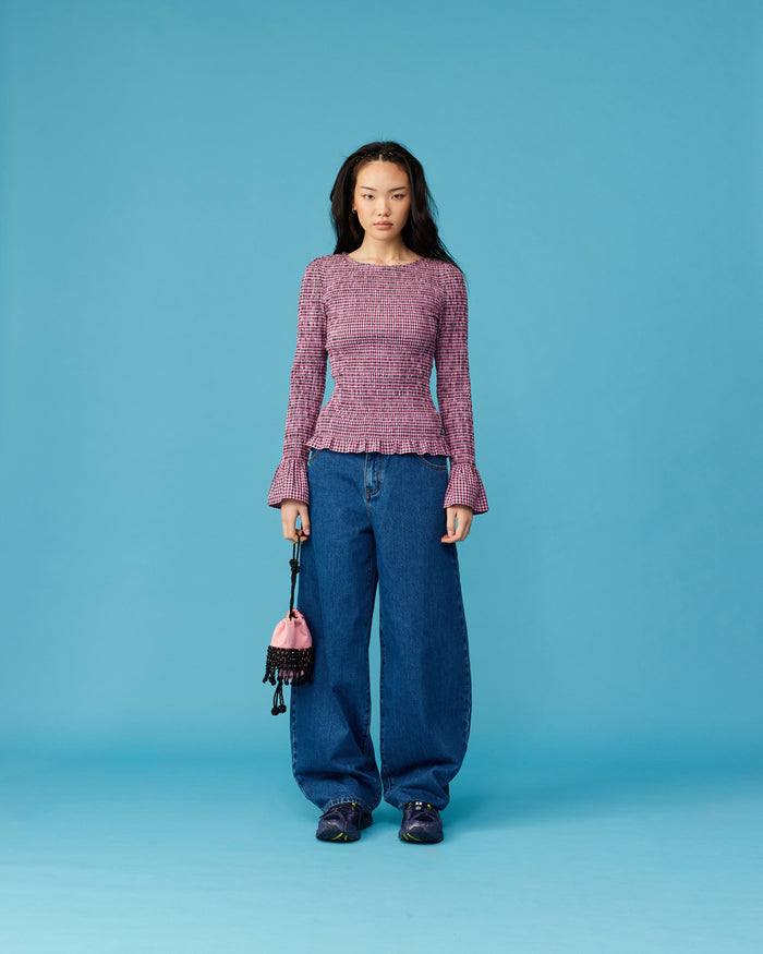 SKY SHIRRED LONG SLEEVE PINK PETROL GINGHAM