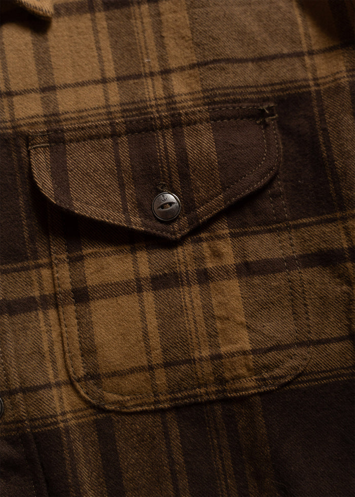 Close-up of a brown plaid shirt pocket with a button, showcasing the fabric texture and pattern in warm lighting.