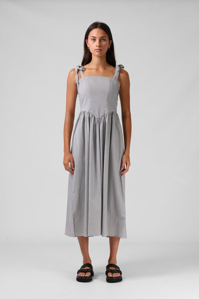 Sofia Midi Dress - B/W Pinstripe