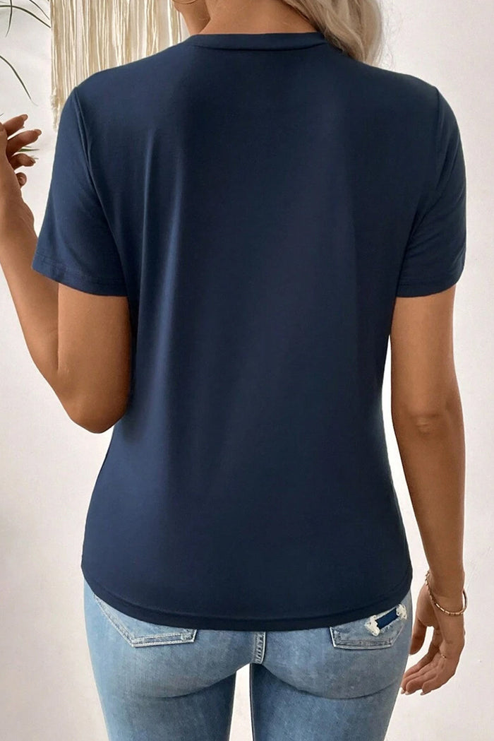 Solid Colour Toothpick Stripe Round Neck T Shirt - Tops/Tops & Tees