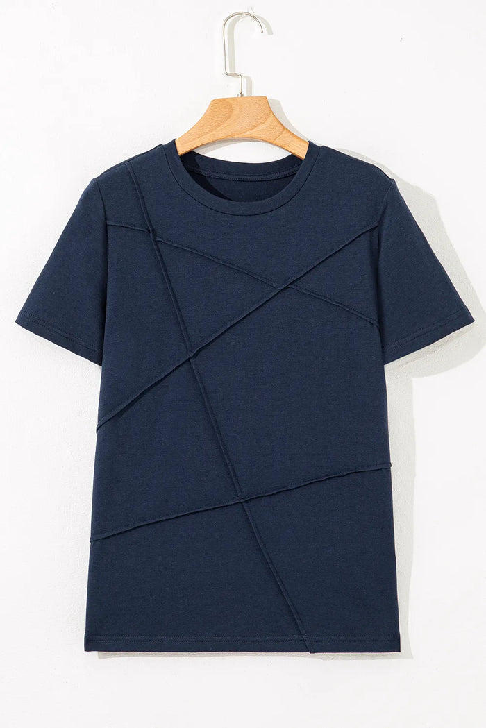 Solid Colour Toothpick Stripe Round Neck T Shirt - Tops/Tops & Tees