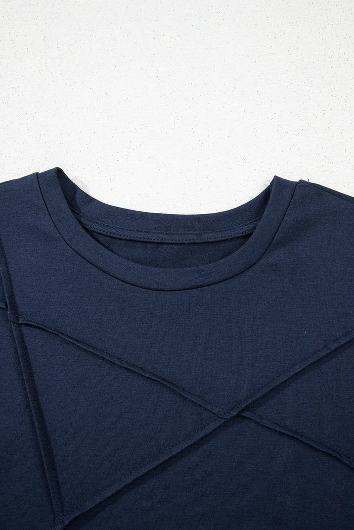 Solid Colour Toothpick Stripe Round Neck T Shirt - Tops/Tops & Tees