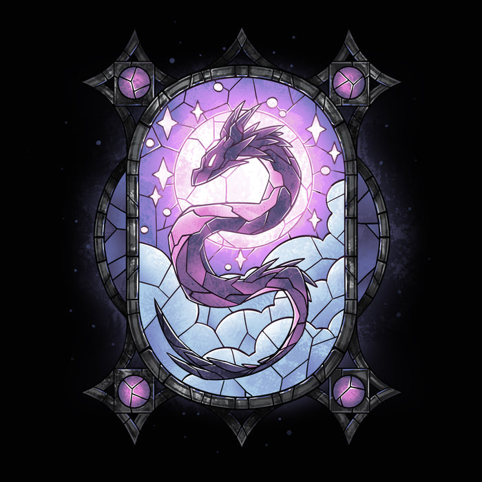 Premium Cotton T-shirt_TeeTurtle Stained Glass Dragon black t-shirt featuring an illustration of a purple dragon in a stained glass with blue clouds and a purple sky with the dragon's head in the sun and its body spiraling throughout the design.