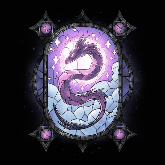Premium Cotton T-shirt_TeeTurtle Stained Glass Dragon black t-shirt featuring an illustration of a purple dragon in a stained glass with blue clouds and a purple sky with the dragon's head in the sun and its body spiraling throughout the design.