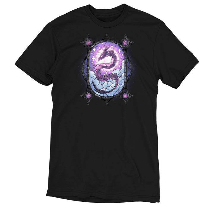Premium Cotton T-shirt_TeeTurtle Stained Glass Dragon black t-shirt featuring an illustration of a purple dragon in a stained glass with blue clouds and a purple sky with the dragon's head in the sun and its body spiraling throughout the design.