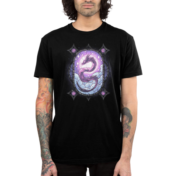 Premium Cotton T-shirt_TeeTurtle Stained Glass Dragon black t-shirt featuring an illustration of a purple dragon in a stained glass with blue clouds and a purple sky with the dragon's head in the sun and its body spiraling throughout the design.