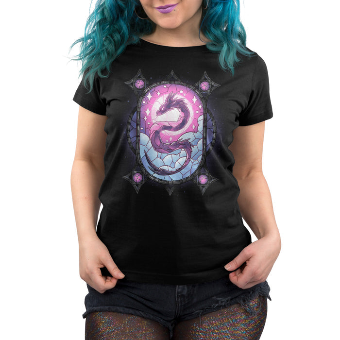 Premium Cotton T-shirt_TeeTurtle Stained Glass Dragon black t-shirt featuring an illustration of a purple dragon in a stained glass with blue clouds and a purple sky with the dragon's head in the sun and its body spiraling throughout the design.