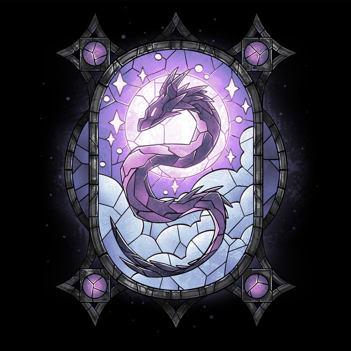 Classic Cotton T-shirt_TeeTurtle Stained Glass Dragon black t-shirt featuring an illustration of a purple dragon in a stained glass with blue clouds and a purple sky with the dragon's head in the sun and its body spiraling throughout the design.