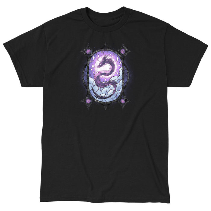 Classic Cotton T-shirt_TeeTurtle Stained Glass Dragon black t-shirt featuring an illustration of a purple dragon in a stained glass with blue clouds and a purple sky with the dragon's head in the sun and its body spiraling throughout the design.