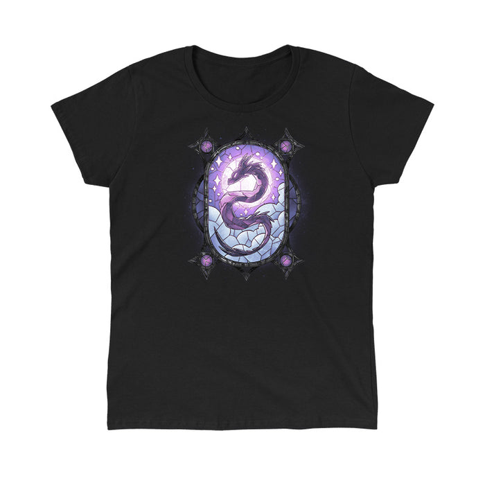 Classic Cotton T-shirt_TeeTurtle Stained Glass Dragon black t-shirt featuring an illustration of a purple dragon in a stained glass with blue clouds and a purple sky with the dragon's head in the sun and its body spiraling throughout the design.