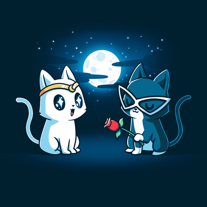 Premium Cotton T-shirt_TeeTurtle Star-Crossed Lovers navy blue t-shirt featuring a white cat with large, black starry eyes wearing a gold headband and a gray cat wearing white glasses looking smitten holding a red rose. The background features a full moon surrounded by clouds and stars.