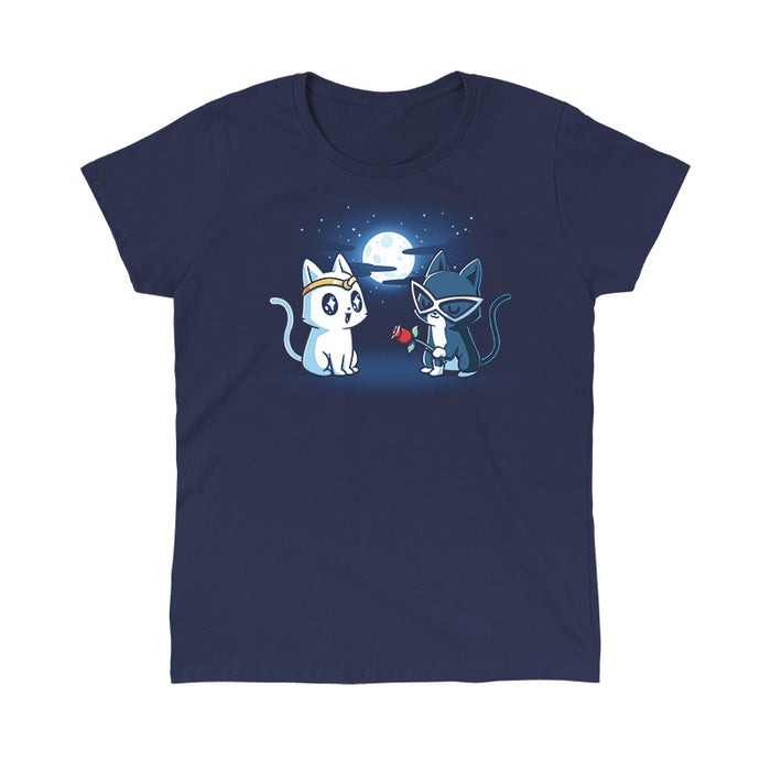 Classic Cotton T-shirt_TeeTurtle Star-Crossed Lovers navy blue t-shirt featuring a white cat with large, black starry eyes wearing a gold headband and a gray cat wearing white glasses looking smitten holding a red rose. The background features a full moon surrounded by clouds and stars.