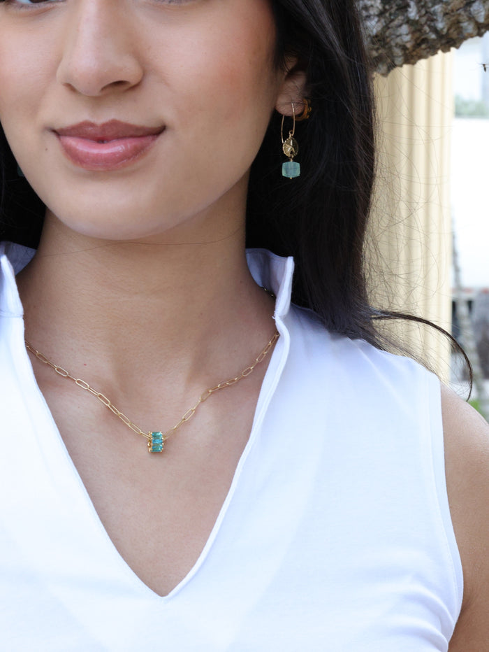 starfish earrings paired with necklace on model