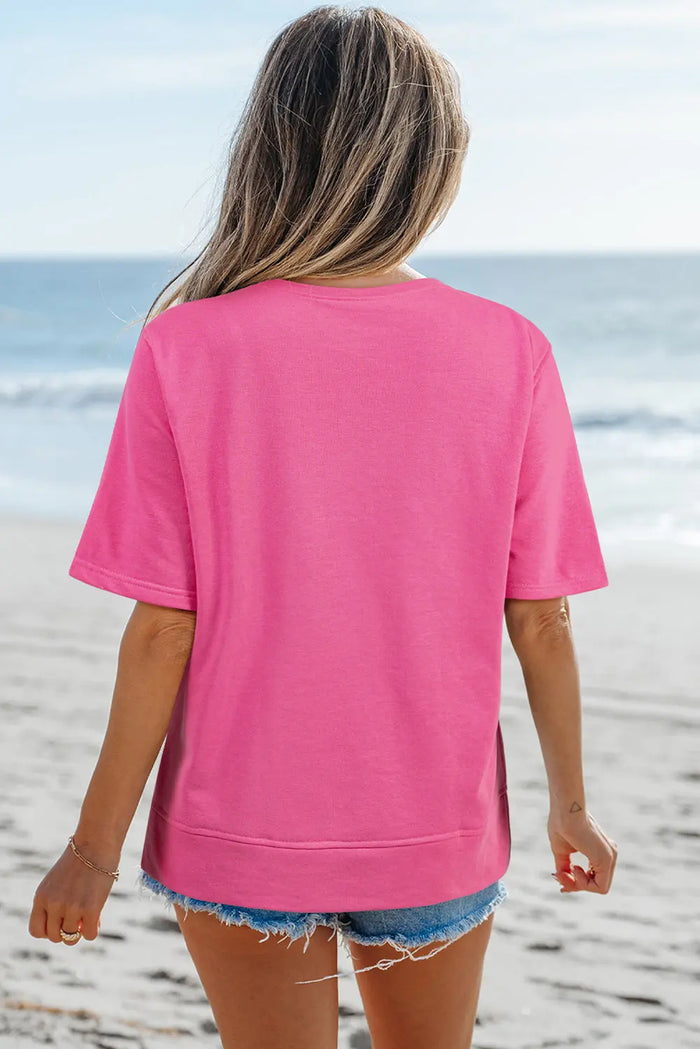 Strawberry Pink Contrasting Colour Ribbon Bow Front Patch Loose Tee with Slits - Tops/Tops & Tees