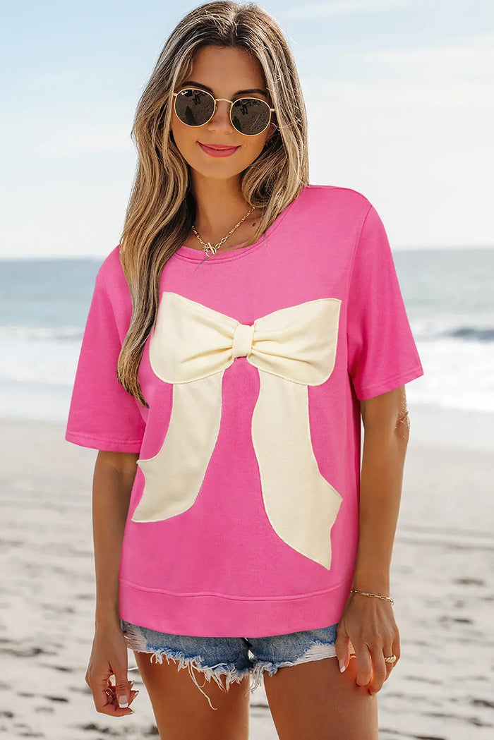 Strawberry Pink Contrasting Colour Ribbon Bow Front Patch Loose Tee with Slits - Tops/Tops & Tees