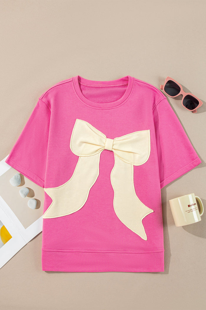 Strawberry Pink Contrasting Colour Ribbon Bow Front Patch Loose Tee with Slits - Tops/Tops & Tees
