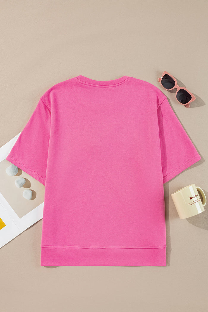 Strawberry Pink Contrasting Colour Ribbon Bow Front Patch Loose Tee with Slits - Tops/Tops & Tees