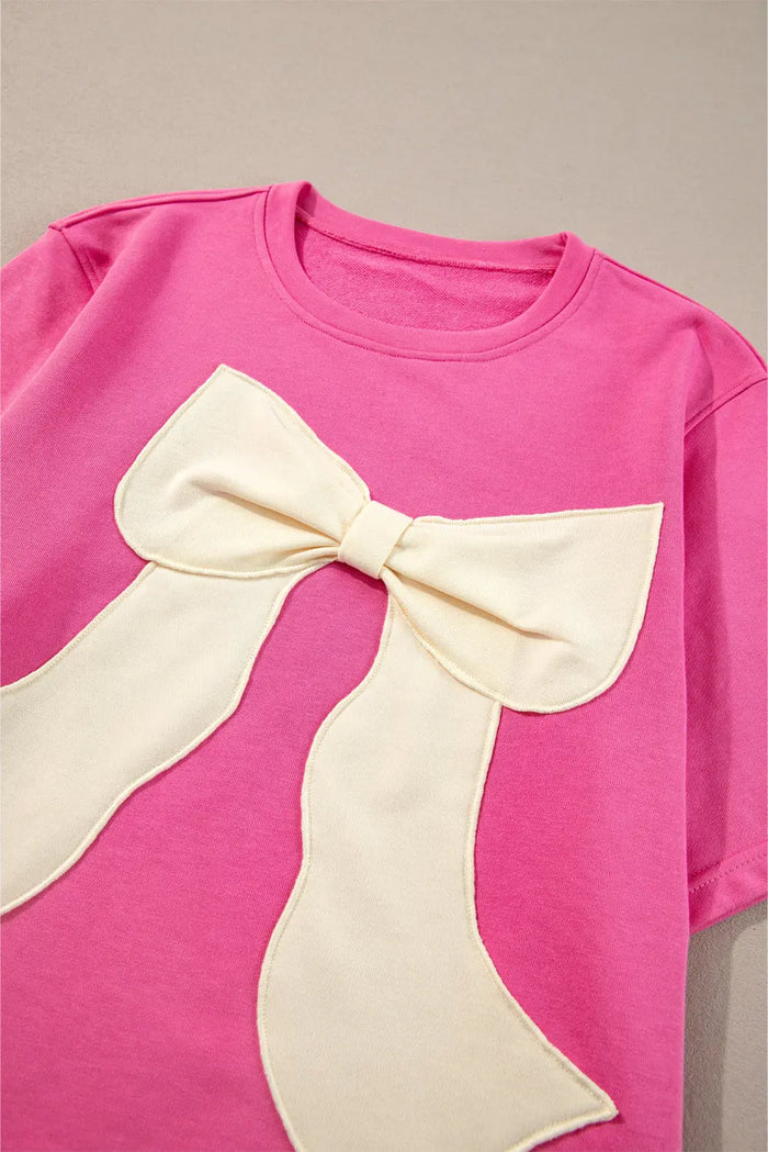 Strawberry Pink Contrasting Colour Ribbon Bow Front Patch Loose Tee with Slits - Tops/Tops & Tees
