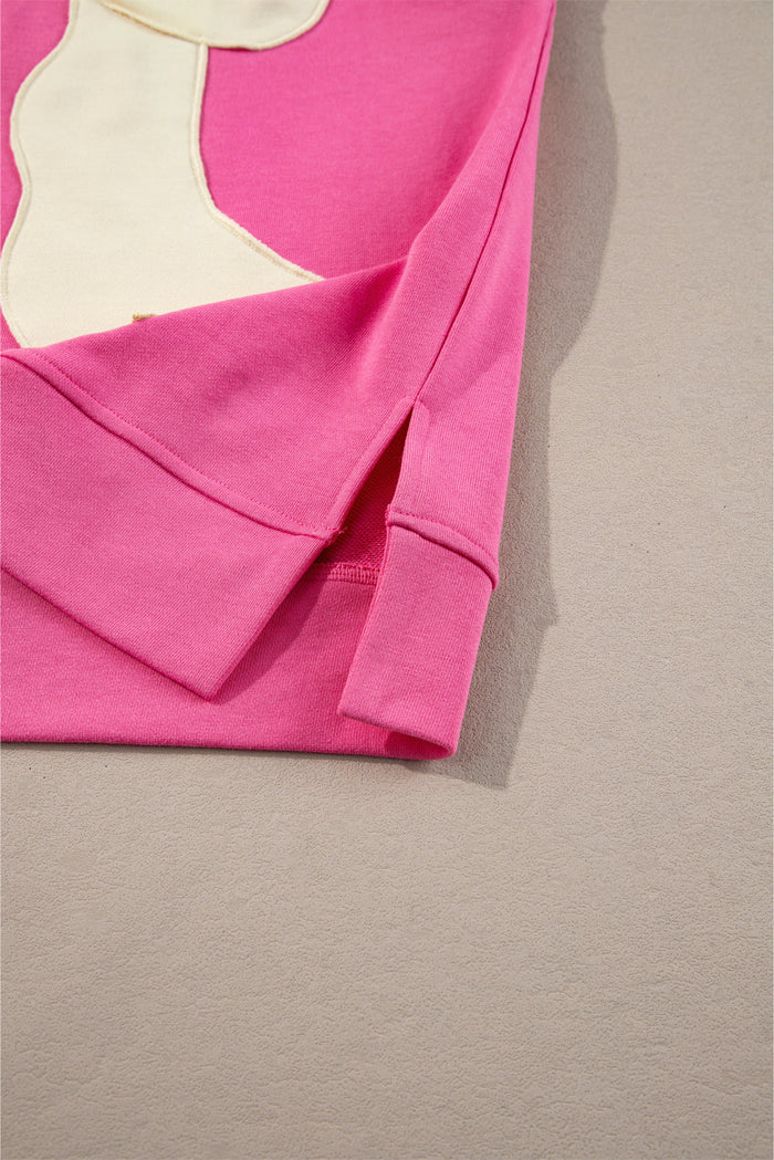 Strawberry Pink Contrasting Colour Ribbon Bow Front Patch Loose Tee with Slits - Tops/Tops & Tees
