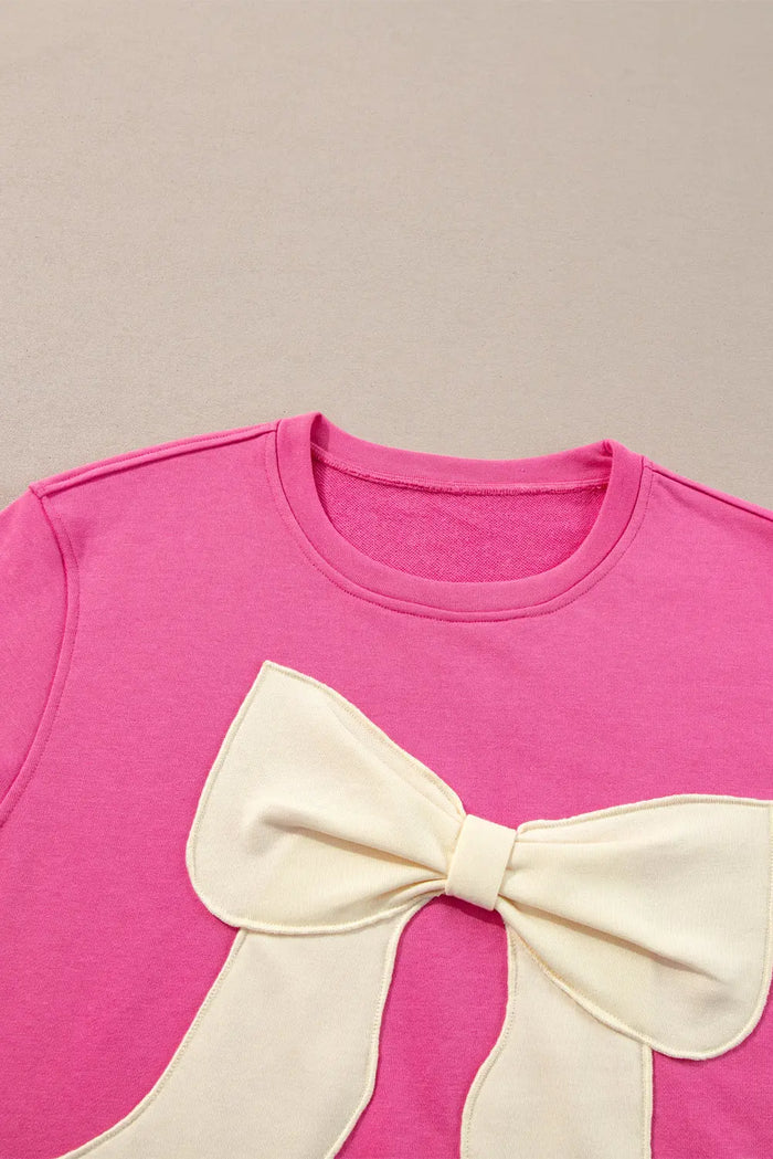 Strawberry Pink Contrasting Colour Ribbon Bow Front Patch Loose Tee with Slits - Tops/Tops & Tees