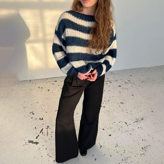 striped women's pullover sweater close-up of stripe pattern on polyester knit fabric for elevated everyday womens knitwear