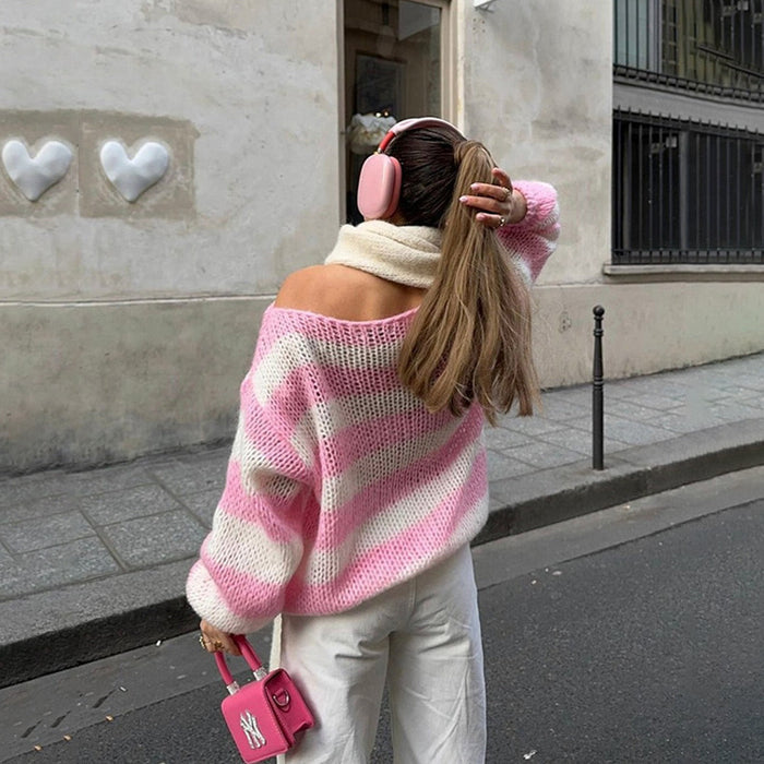 striped women's pullover sweater neckline and shoulder detail on polyester knit for a polished, easy-to-style top