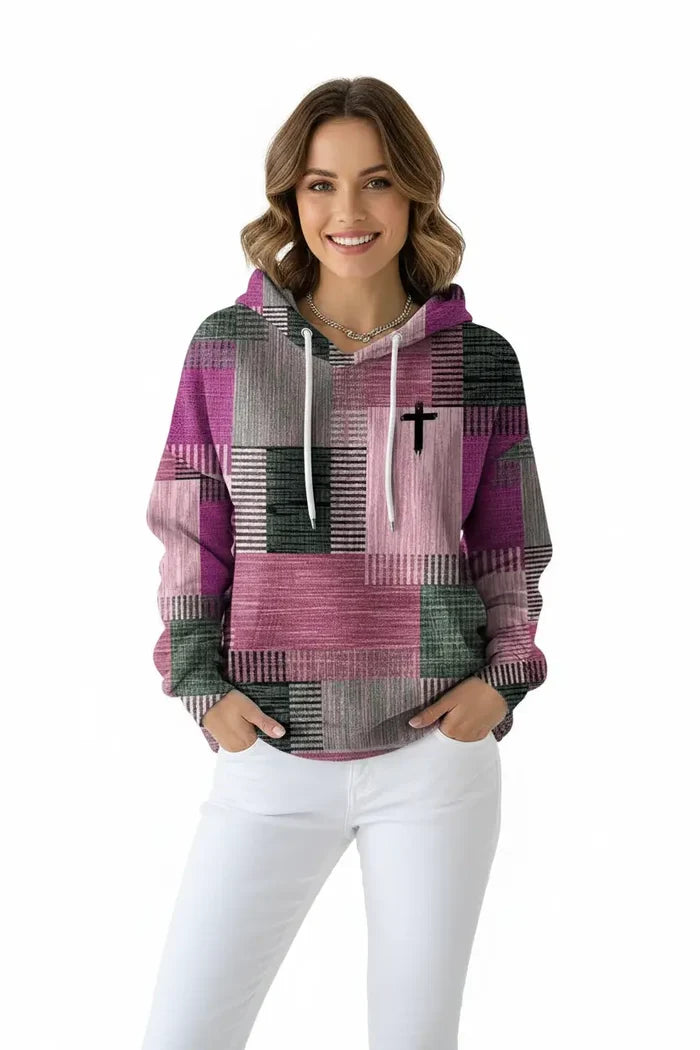 Stylish casual women's plaid hoodie front view pullover design urban lifestyle