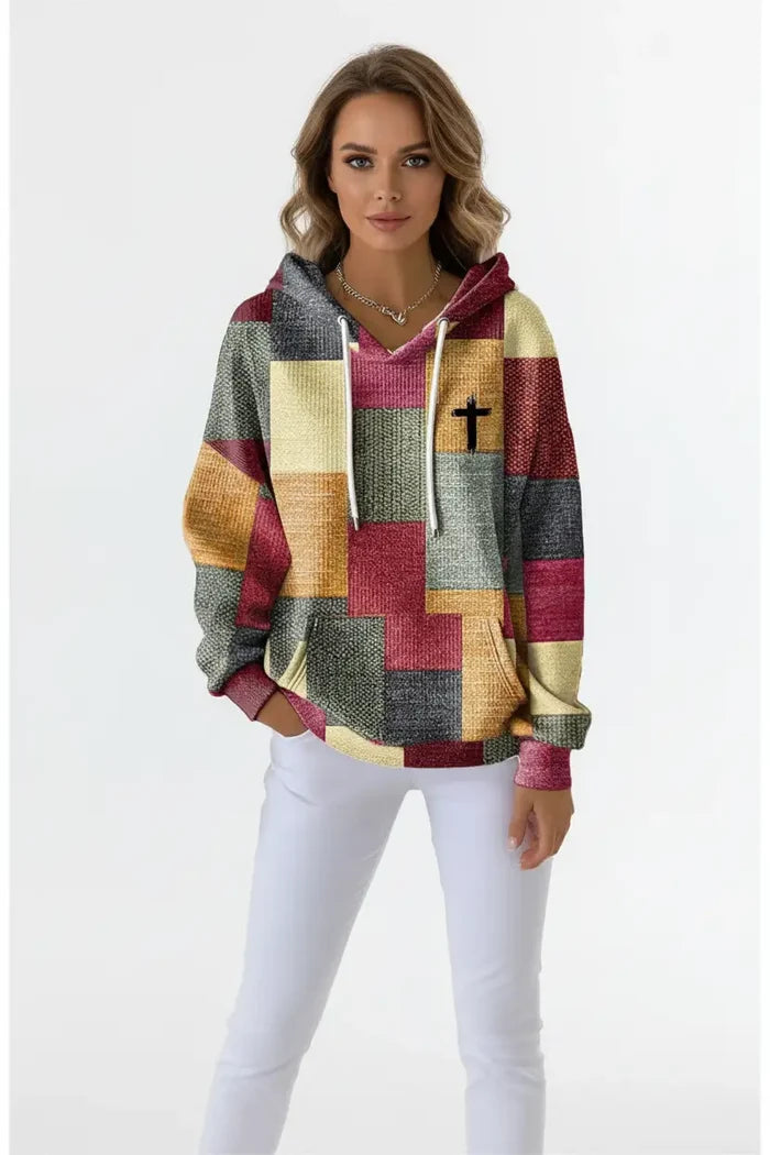 Stylish casual women's plaid hoodie detailed plaid print texture close view
